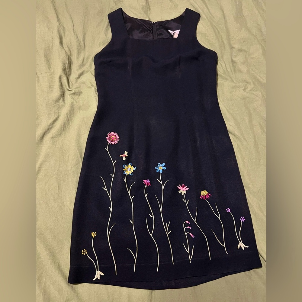 🌺🖤90s Floral Embroidered SL Fashions Sleeveless Bodycon Black Dress🖤🌻